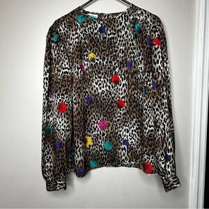 NICOLA 80s Bold Leopard Print Polka Dot Long Sleeve‎ Blouse Top Sz 14